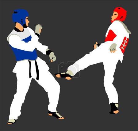 Illustration for Fight between taekwondo fighters vector illustration isolated. Sparring on training action. Self defense skills exercising. Warriors martial arts battle. Sport man combat competition. Brave boy fight. - Royalty Free Image