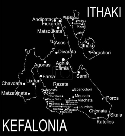 Griechenland Insel Kefalonia Karte Vektorlinie Kontur Silhouette Illustration isoliert auf schwarzem Hintergrund. Ithaki Karte, Ithaka Karte Insel in der Nähe von Kefalonia.