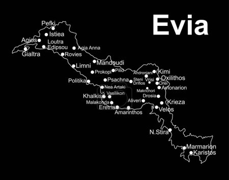 Île grecque Eubée carte ligne contour vecteur silhouette illustration isolé sur fond noir. Carte d'Evia silhouette, île de Grèce.