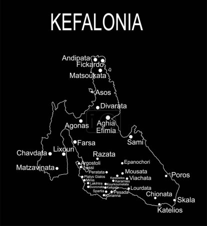 Griechenland Insel Kefalonien Karte Vektorlinie Kontur Silhouette Illustration isoliert auf schwarzem Hintergrund.