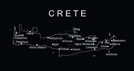 Téléchargez les illustrations : Grèce île de Crète carte vectorielle ligne contour silhouette illustration isolé sur fond noir. Carte de l'île grecque haute détaillée. - en licence libre de droit