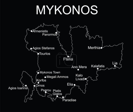 Téléchargez les illustrations : Grèce île de Mykonos carte vectorielle ligne contour silhouette illustration isolé sur fond noir. - en licence libre de droit