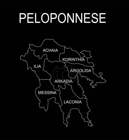 Peloponeso mapa vector línea contorno silueta ilustración aislada sobre fondo negro. Territorio griego. Parte de la línea de costa de Grecia mapa regiones divisiones administrativas, con provincias separadas.