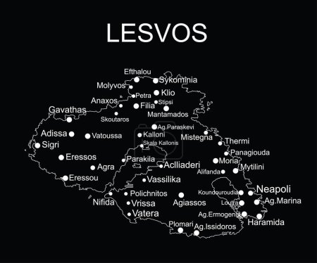Téléchargez les illustrations : Grèce île de Lesvos carte vectorielle ligne contour silhouette illustration isolé sur fond noir. Carte de Lesbos Haut détaillé. - en licence libre de droit