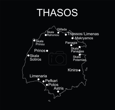 Griechische Insel Thasos Kartenvektorlinie Silhouette Darstellung isoliert auf schwarzem Hintergrund. Thassos Karte in Griechenland. Inselparadies Ägäis.