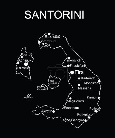 Île grecque de Santorin carte ligne contour vecteur silhouette illustration isolé sur fond bleu. Ionienne île de l'archipel des Cyclades symbole. Grèce territoire.