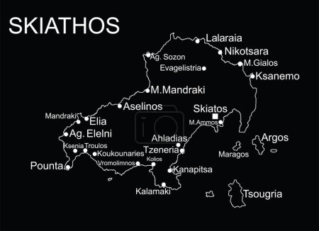 Grèce île de Skiathos carte vectorielle ligne contour silhouette illustration isolé sur fond noir.