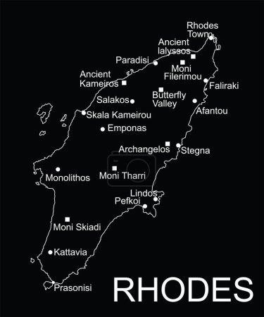 Grèce île de Rhodes carte contour de ligne vectorielle isolé sur fond noir. Illustration haute silhouette détaillée. Grèce île paradisiaque.