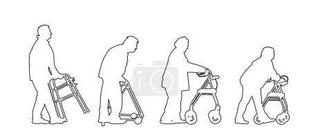 Personnes âgées handicapées utilisant des promenades marchette silhouette de contour de ligne vectorielle. Femme invalide mature. Femme âgée maison de retraite. Vieil homme blessé vie active soutien médical. Aide à l'outil soins de santé.
