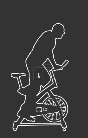 Man work out on exercise bike vector line contour silhouette illustration isolated on black background. Biking in gym cardio training. Indoor cycling boy worming up.