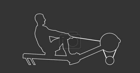 Homme de sport faisant rangée de câbles assis dans la silhouette de silhouette de contour de ligne vectorielle gymnase isolé sur fond noir. Bas câble poulie rangée assise. Soins de santé sport garçon exercice.