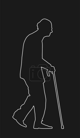 Old man person walking with stick silhouette illustration. Elderly senior walking vector isolated. Mature person active life. Grandfather line contour outdoor in park. Health care in nursing home. 