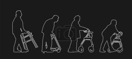 Personas con discapacidad de edad utilizando paseos caminante línea vectorial silueta de contorno. Señora madura inválida. Residencia de ancianos. Anciano lesionado activo soporte médico de por vida. Ayuda a ayudar a herramienta de atención médica.
