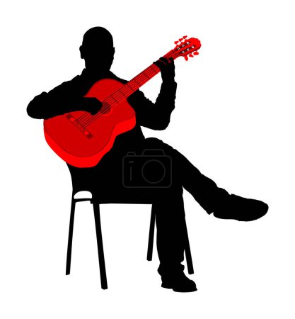 Homme jouant guitare acoustique vecteur silhouette illustration isolé. Concert d'artiste de rue classique. Musicien artiste amusement public. Guitare classique virtuose. Garçon jouer instrument à cordes.