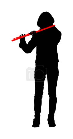 Frau Flötenmusik spielt Flötist Vektor Silhouette Illustration isoliert auf weißem Hintergrund. Musikerin mit Musikinstrument. Straßenkünstler. Musikdamen-Porträt. 