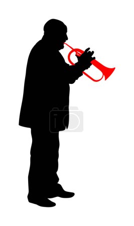 Téléchargez les illustrations : Musicien homme avec trompette sur scène illustration vectorielle silhouette isolé sur fond blanc. Musique masculine. Jazz man. Bugler artiste street performer. Ombre forme trompettiste. - en licence libre de droit