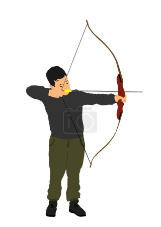 Ilustración vectorial Archer niño aislado sobre fondo blanco. Hunter cazando. Hijo enseñar a sostener flecha de arco. El chico despierta el instinto de caza. Familia infantil al aire libre entretenimiento cumpleaños regalo divertido.