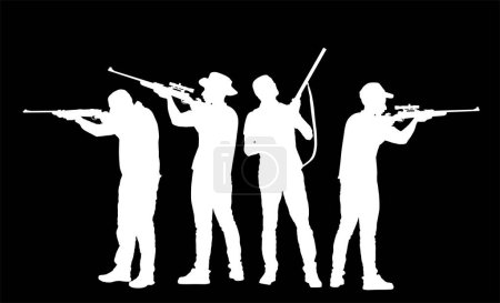 Outdoor hobby hunting people. Aiming hunter man sniper rifle vector silhouette illustration isolated. Soldier with rifle duty. Man shooter defends property. Military skill. Hunters crew shape shadow.