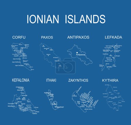 Ionian islands set vector silhouette illustration isolated. Corfu map Paxos, Antipaxos, Lefkada map, Kefalonia card, Ithaki contour, Zakynthos line map, Kythira shape. Greek territory, paradise Greece