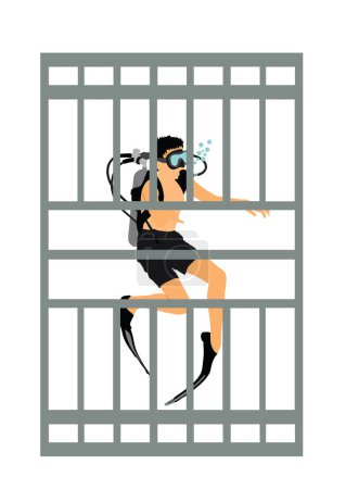 Diver man in diving cage observing sharks vector illustration isolated. Swimming expedition boy biology research. Science explorer against shark. Scary scene marine wildlife. Help ocean beach swimmers