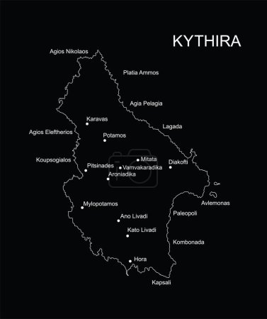 Ionian island Kythira map line contour vector silhouette illustration isolated on black background. Greek territory. Kythira shape shadow. Greece island symbol.