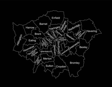 Gran Londres mapa línea contorno silueta vectorial ilustración aislada sobre fondo negro. Londres mapa de la ciudad principal en Reino Unido, Inglaterra país. Londres mapa forma sombra, Reino Unido.