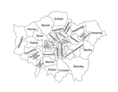 Grand Londres ligne de carte contour vectoriel silhouette illustration isolée sur fond blanc. Londres carte de la ville principale au Royaume-Uni, Angleterre pays. Londres forme de carte ombre, Royaume-Uni.