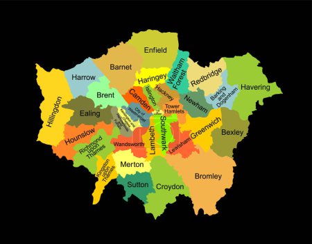 Darstellung der Silhouette des Kartenvektors im Großraum London isoliert auf schwarzem Hintergrund. Stadtplan von London im Vereinigten Königreich, England. London map shape shadow, Großbritannien.