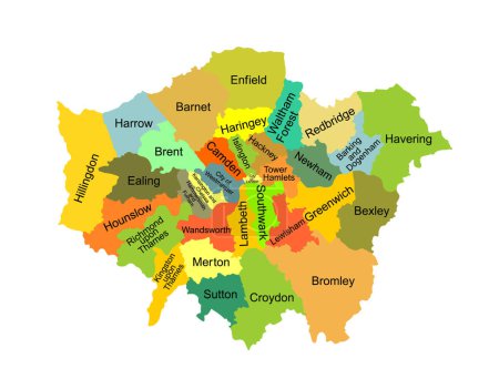 Illustration der Silhouette des Kartenvektors im Großraum London isoliert auf weißem Hintergrund. Stadtplan von London im Vereinigten Königreich, England. London map shape shadow, Großbritannien.