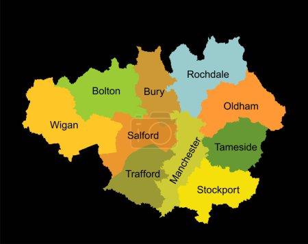 Ilustración de Ilustración de silueta vectorial Gran Manchester mapa en el noroeste de Inglaterra aislado. Reino Unido. Territorio británico. División administrativa del Gran territorio de Manchester. Infografía mapa colorido - Imagen libre de derechos