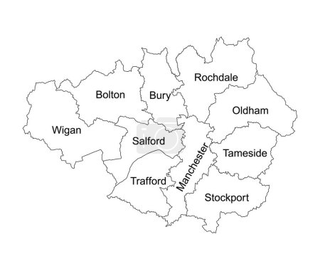 Illustration de silhouette vectorielle contour de la ligne de carte du Grand Manchester, nord-ouest de l'Angleterre isolé. Royaume-Uni Territoire britannique. Division administrative Grand territoire de Manchester. Carte infographique.