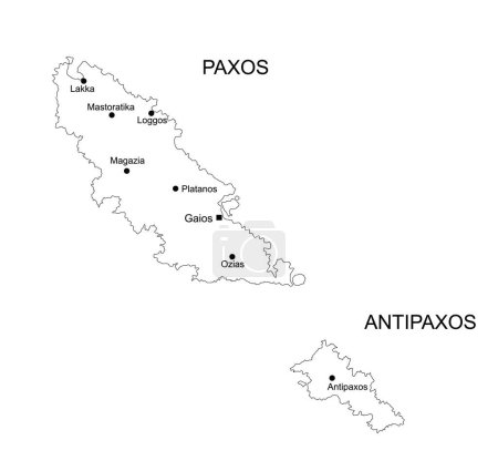Greek Ionian islands Paxos map line contour and Antipaxos map contour line vector silhouette illustration isolated on white background. Paxos shape shadow.