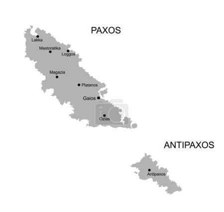 Greek Ionian islands Paxos map and Antipaxos map vector silhouette illustration isolated on white background. Paxos shape shadow.