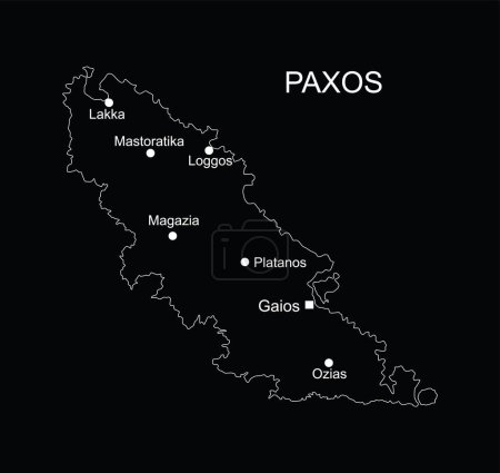 Greek Ionian islands Paxos map line contour vector silhouette illustration isolated on black background. Paxos shape shadow.