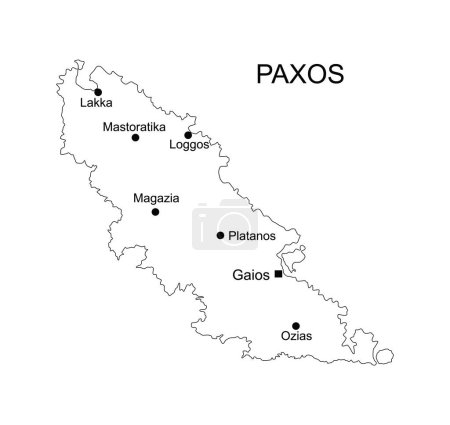 Islas Jónicas Griegas Paxos mapa línea contorno vector silueta ilustración aislado sobre fondo blanco. Paxos sombra de forma.