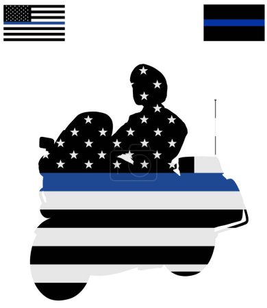 American police flag over traffic policeman officer on motorcycle on duty vector silhouette illustration isolated. Police man on road. Security service member. Law and order street patrol cop.