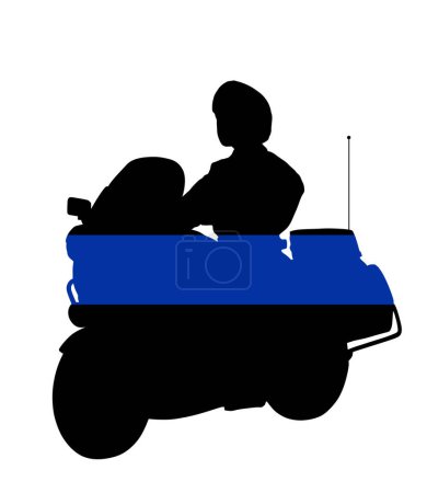 American police fallen officers flag over traffic policeman officer on motorcycle on duty vector silhouette illustration isolated. Police man security service member. Law and order street patrol cop.