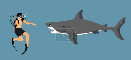 Hombre buzo fuera de la jaula de buceo observando gran ilustración vectorial de tiburón blanco aislado. Investigación de biología de natación. Explorador contra tiburón. Escena aterradora fauna marina. Ayuda a nadadores de playa oceánica.