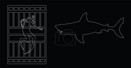 Plongée dans une cage de plongée en observant une grande illustration de contour de ligne vectorielle de requin blanc isolé. Recherche en biologie de la natation. Explorer contre le requin sous la silhouette de l'eau. Scène effrayante dans la faune marine.