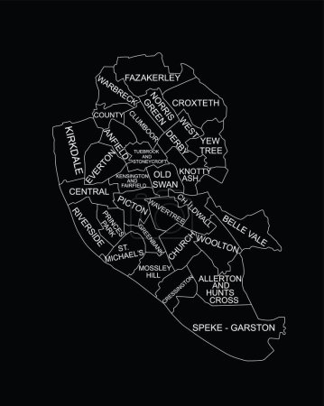 Liverpool city map vector line contour silhouette illustration isolated on black background. Administrative Liverpool town plan shape shadow. UK, England. Separated urban town divisions borders.