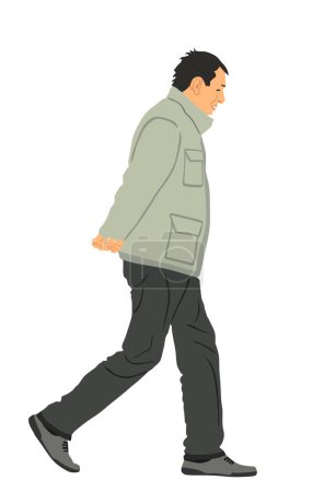 Worried senior person walking with hands on back vector illustration isolated on white background. Mature man worried, thinking about problems. People active life. Grandfather outdoor autumn jacket.