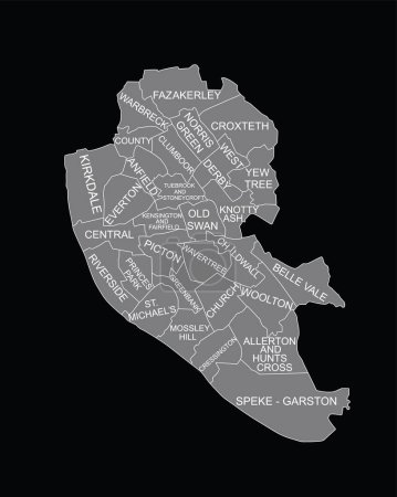 Liverpool mapa de la ciudad vector línea contorno silueta ilustración aislada sobre fondo negro. Plan administrativo de Liverpool forma sombra. Reino Unido, Inglaterra. Divisiones urbanas separadas fronteras.
