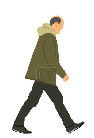 Worried senior person walking vector illustration isolated on white background. Mature man worry, thinking about problems. People active life. Grandfather outdoor autumn jacket. Male walk in jacket.
