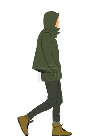 Urban boy walking Vektor Illustration isoliert auf weißem Hintergrund. Schöner Mann Straßengang. Männchen im Regenmantel Herbst Entspannung im Freien nach der Arbeit. Aktivität im Gesundheitspark.