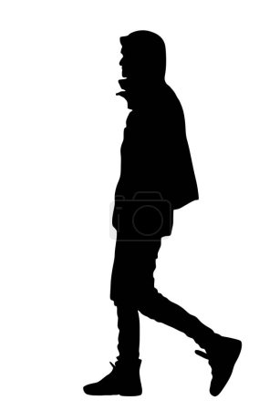 Urban boy walking vector silhouette illustration isolated on white background. Handsome man shape shadow street walk. Male in raincoat autumn outdoor relaxation after work. Health care park activity.