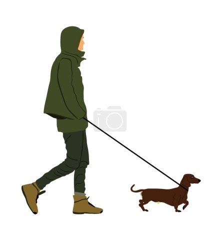 Urban boy walking Dachshund dog on the leash vector illustration isolated on white background. Owner handsome man with cute pet ground hunter dog. Male walk in raincoat outdoor relaxation after work.