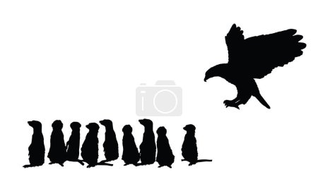 Illustration for Meerkats family in guard position vector silhouette illustration isolated. Meerkats watch the sky in fear of eagles attack. Protection and caution team work watch. Suddenly ambush eagle catch prey. - Royalty Free Image