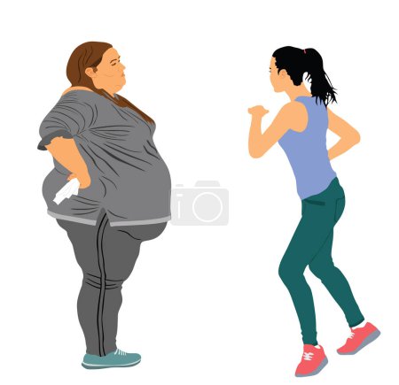 Fat friends woman and handsome fitness girl instructor vector illustration isolated. Big belly overweight female. Fit lady dancer teach big girl exercise how to losing weight activity. Health care.