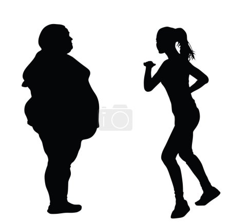 Fette Freunde Frau und Fitness-Mädchen Instruktor Vektor Silhouette Illustration isoliert. Dicker Bauch übergewichtig weiblich. Fit Tänzerin bringt großen Mädchen Bewegung bei, wie man abnimmt Aktivität. Gesundheitsversorgung.