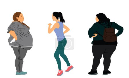 Fette Freunde Frau und gut aussehende Fitness-Mädchen Instruktor Vektor Illustration isoliert. Dicker Bauch übergewichtig weiblich. Fit Tänzerin bringt großen Mädchen Bewegung bei, wie man abnimmt Aktivität. Gesundheitsversorgung.